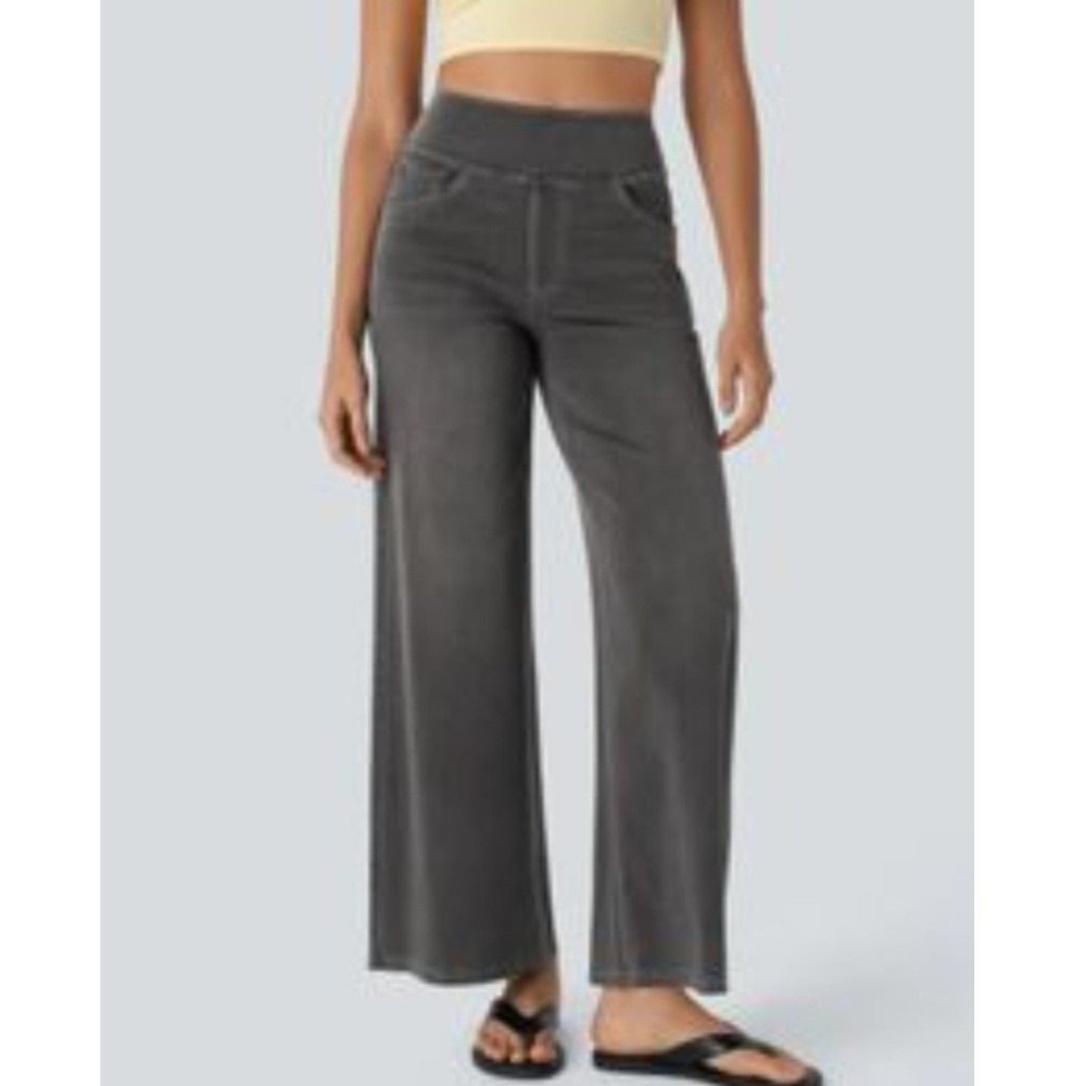 Halara Women M Tall Wide Leg Pants Gray Washed High Rise Pull On Stretch Casual
